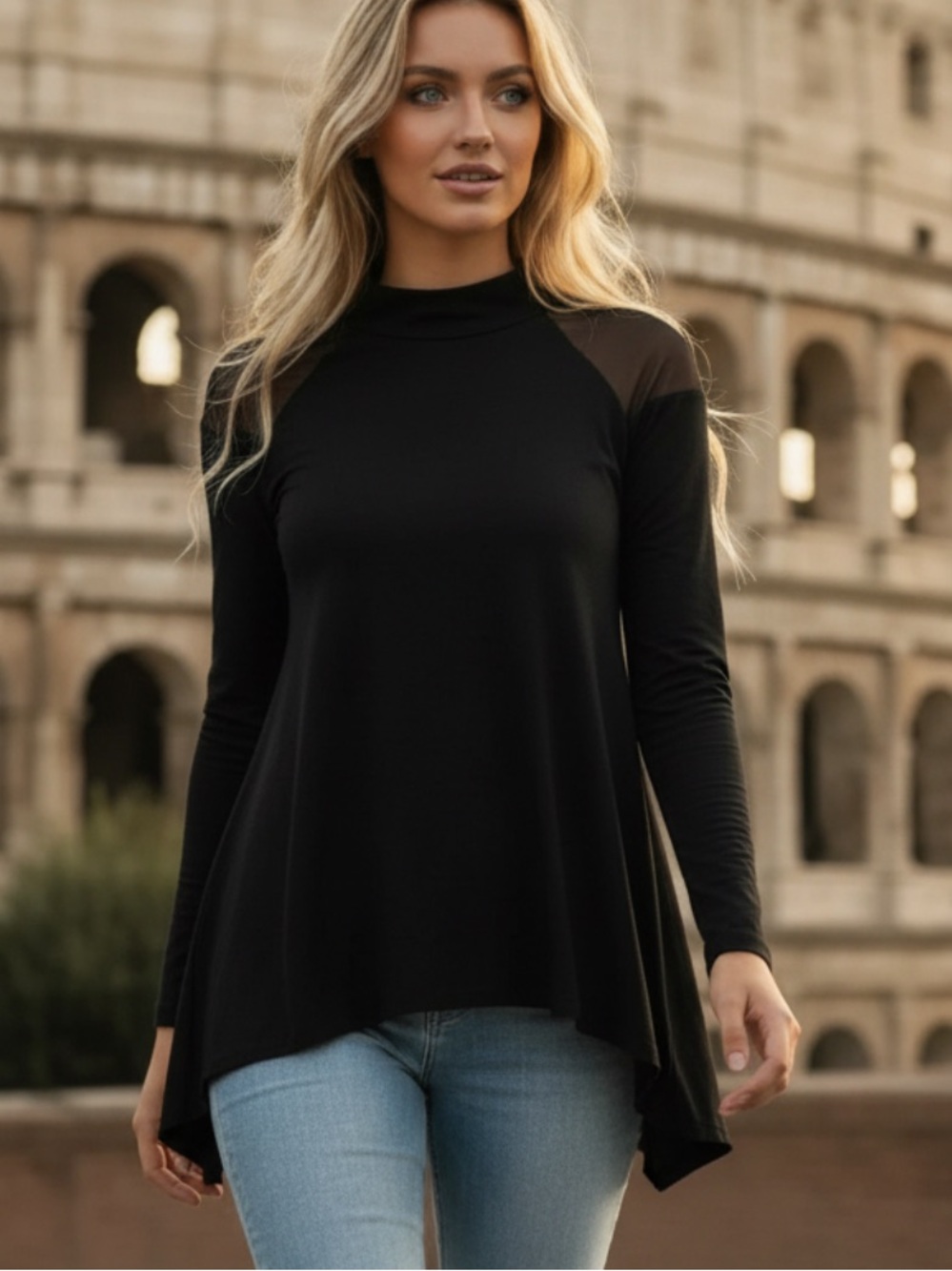 Melanie Lyne Black Mesh Shoulder Tunic Top Mock Neck Asymmetrical Hem XS